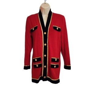 St. John By Marie Gray Vintage Gold Button Sweater Cardigan Red/Black Small